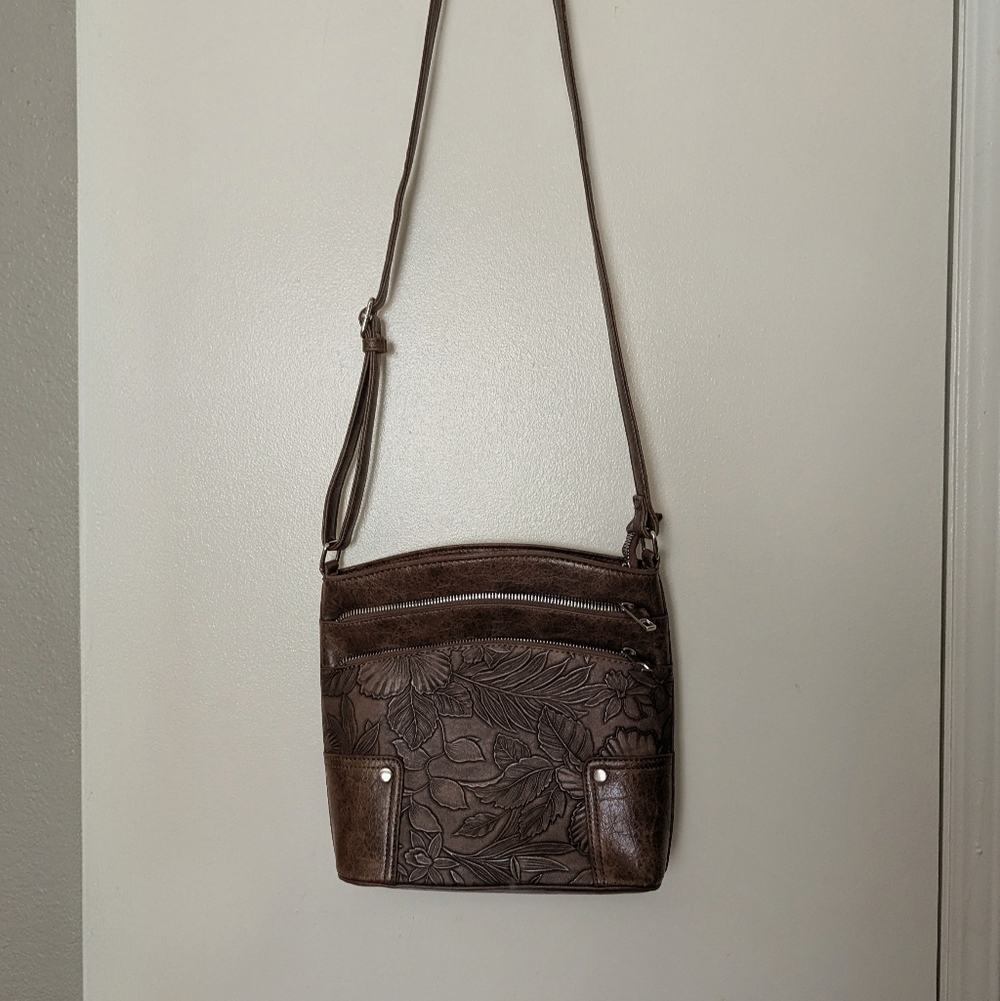 Floral Embossed Brown Crossbody Purse